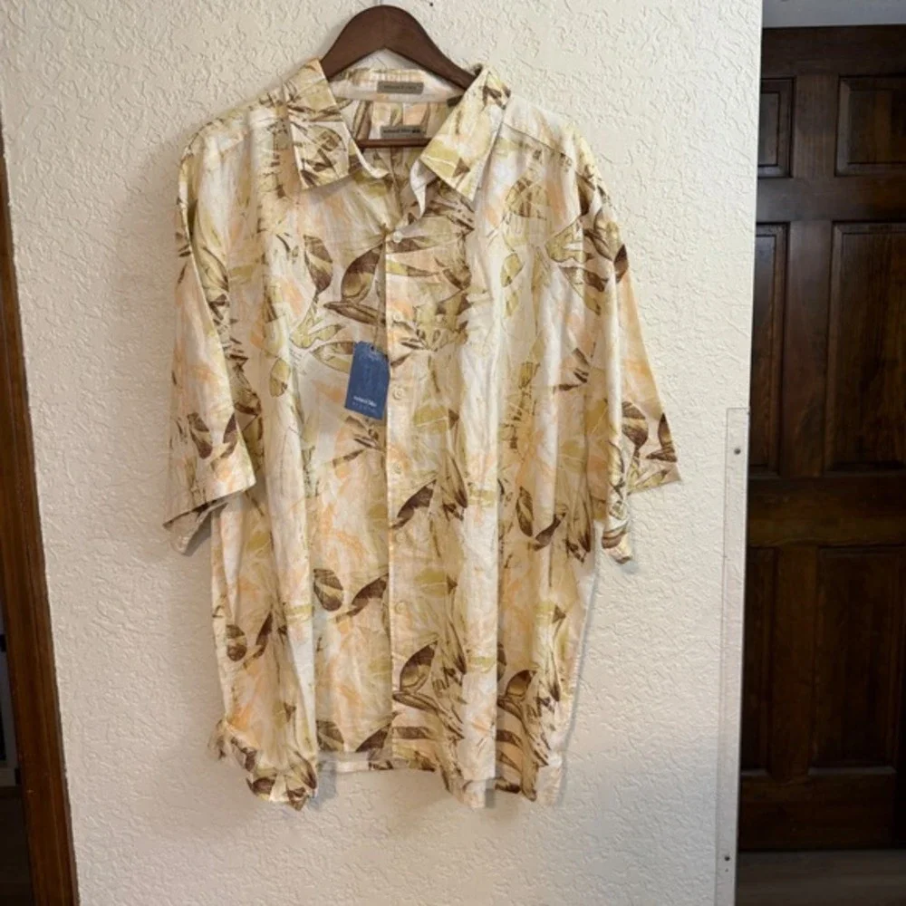 Natural Blue Button Up Shirt Mens 3X Melon BT Linen‎ Blend Tropical Floral NEW